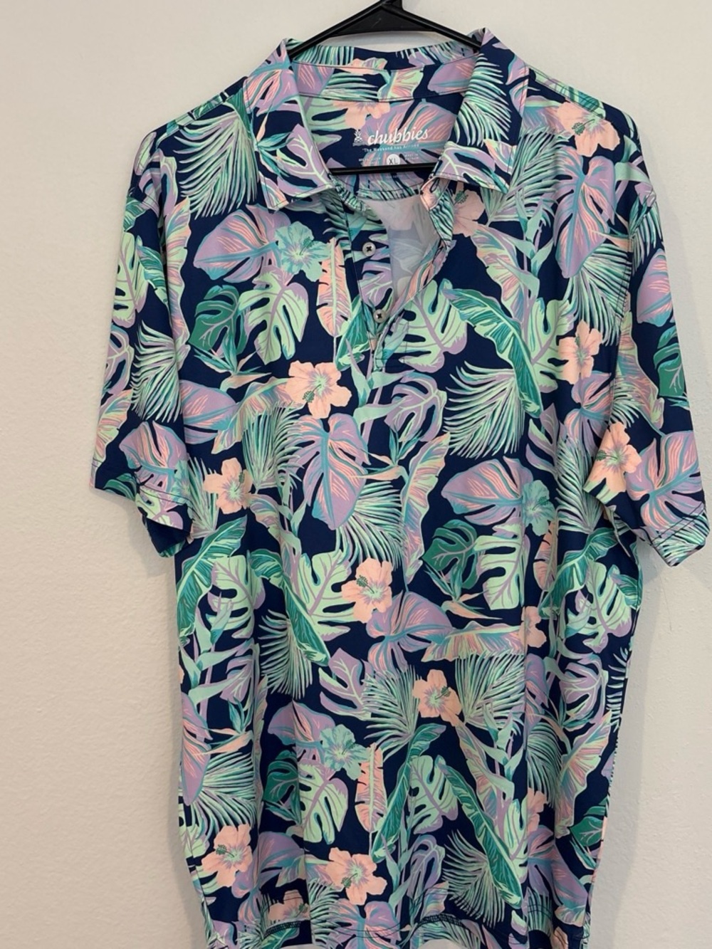 chubbies Navy Polo with Pastel Green & Pink Tropical Print
